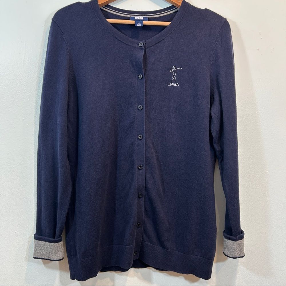 Cutter & Buck Navy Blue Cardigan LPGA Gray Cuffs Women’s Preppy Golf Activewear